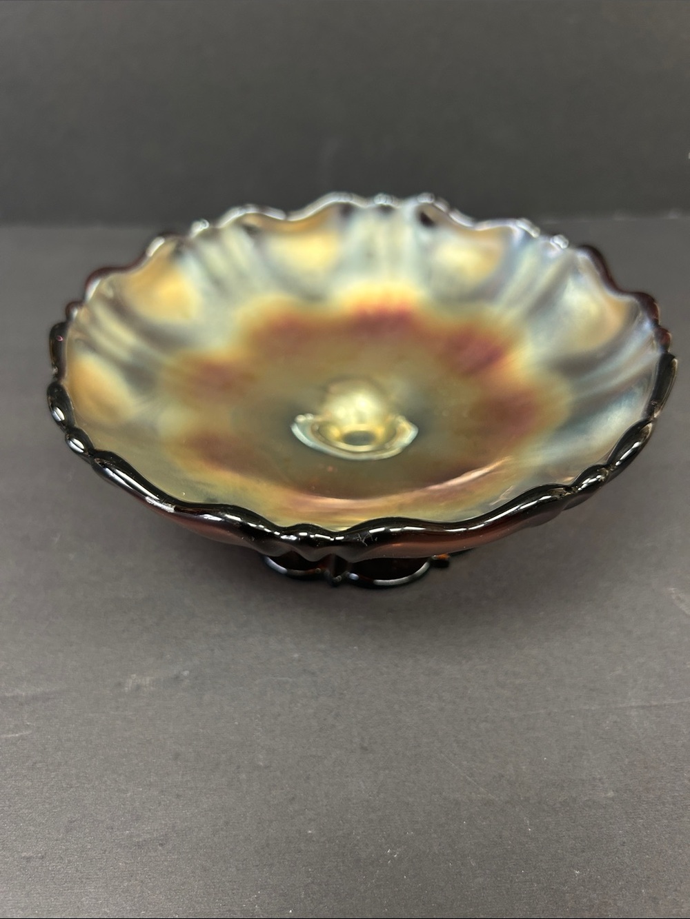 Antique amethyst carnival glass footed compote “Louisa” pattern by Westmoreland